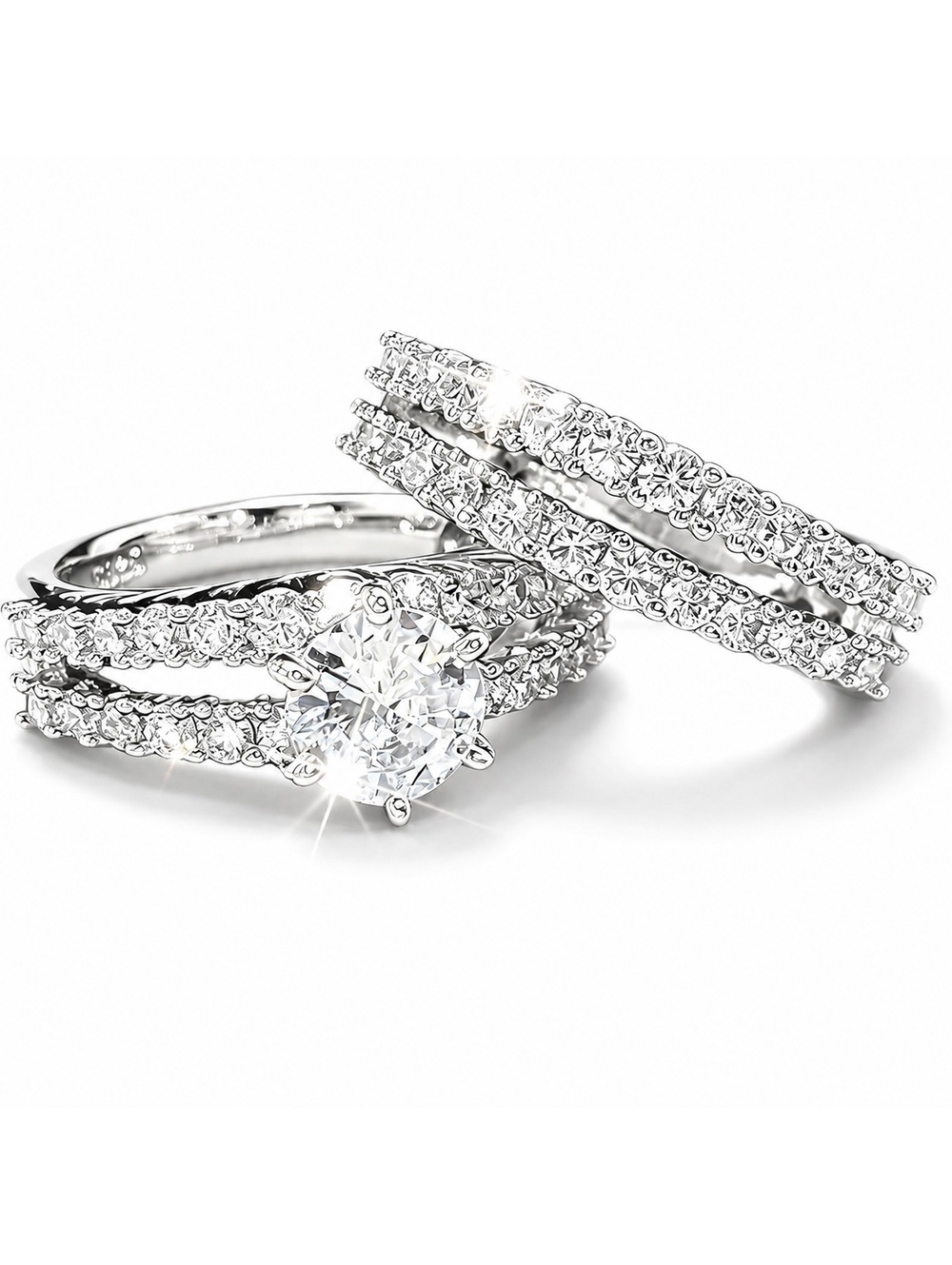 14k White Gold-Plate  Double Row Stackable Wedding Engagement Ring 2-piece Set